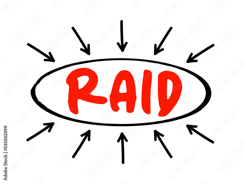 Poster raid - redundant array of independent disks is a data storage virtualization technology, acronym tex