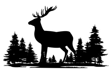 Adult male deer. Wild animals. Silhouette figures. Glade in coniferous northern forest taiga. Isolated on white background. Vector.