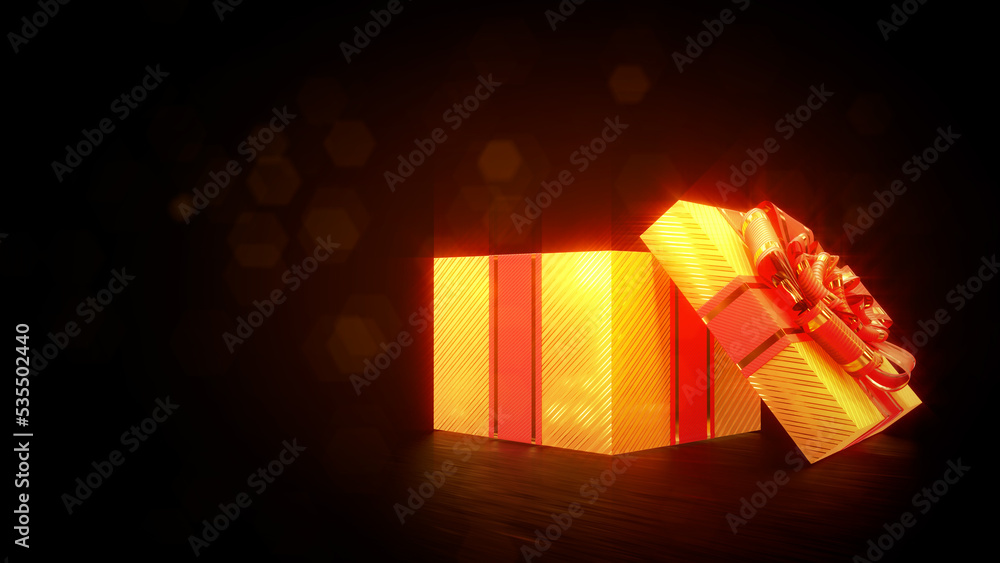Poster lighting opened goldish and red surprise gift box on dark backdrop - object 3d rendering