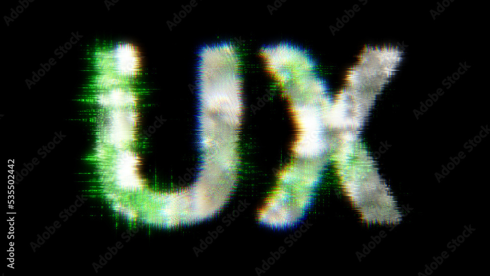 Poster green cybernetic text ux with noise distortion, isolated - object 3d rendering