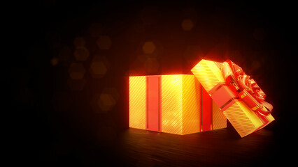 lighting opened goldish and red surprise gift box on dark backdrop - object 3D rendering