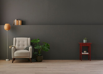 Grey wall room background style with niche, working table, armchair and vase of plant style.