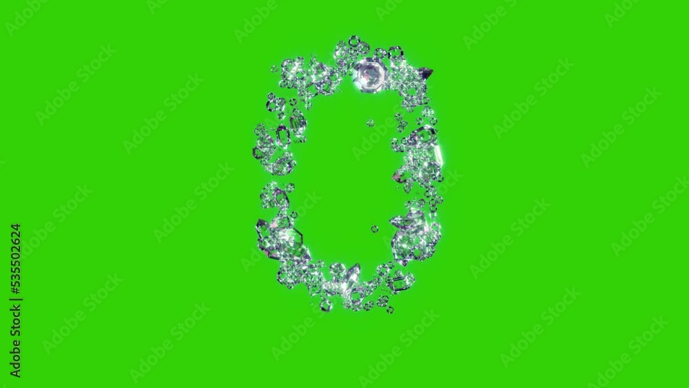Poster clear diamonds number 0 - gem stones font on chroma key screen, isolated - loop video