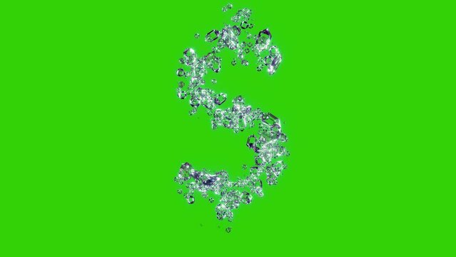 transparent diamonds dollar - peso sign - gemstones alphabet on chroma key screen, isolated - loop video