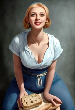 Portrait of a young beautiful big size Slavic woman with big natural breasts,  blue eyes and blonde hair pin-up style. Perfect complexion, delicate makeup. Posing fresh bakery. Illustration