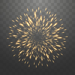 Festive fireworks with brightly shining sparks. New Year's Eve fireworks. Realistic sparks and explosions. Colorful pyrotechnics show. Vector isolated on png background. - obrazy, fototapety, plakaty