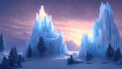 Winter landscape with neon sunset. Large blocks of ice, frozen trees. Fantasy winter snowy landscape. Frozen nature. 