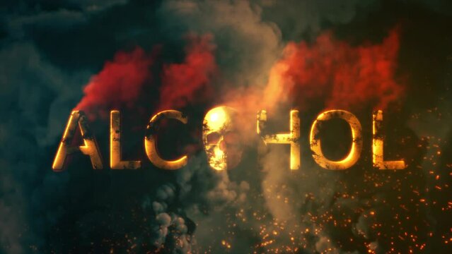 Text alcohol with skull burning on dark smoke bg - loop video
