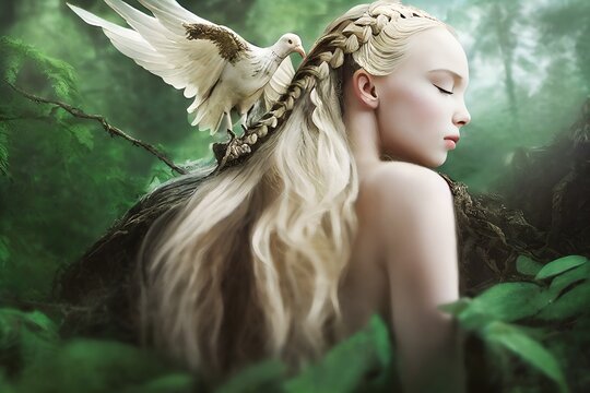 Divine Slavic beauty, goddess of charm, natural body and good look. Long blonde hair tied in a braid, poses in a forest with an eagle on her shoulder. Presents a bond with nature. Illustration 3D