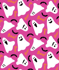 Abstract Hand Drawing Cute Ghosts Bats and Boo Text Seamless Halloween Vector Pattern Isolated Background