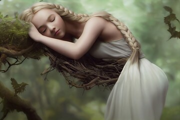Kostroma - the sleeping Slavic goddess of beauty, nature and fertility, echoing the dying and resurrection goddess who regulates the vegetative and menstrual cycle. 3D illustration - obrazy, fototapety, plakaty