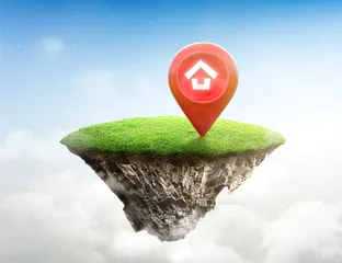 Fotobehang House symbol with location pin icon on round soil ground cross section with green grass. fantasy floating island natural landscape with paradise concept on top of blue sky. real estate sale concept.3D © Puttachat