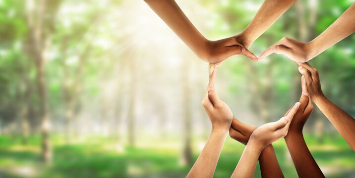 International Human Solidarity Day concept: Human hands in shape of heart. Unity, world peace concept. World environment day on forest nature background. Unity, world peace, World environment day.