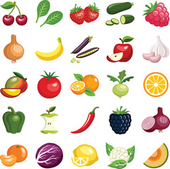 Sustainable healthy fruit and vegetable icon collection - vector color illustration