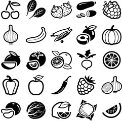 Sustainable healthy fruit and vegetable icon collection - vector outline illustration and silhouette