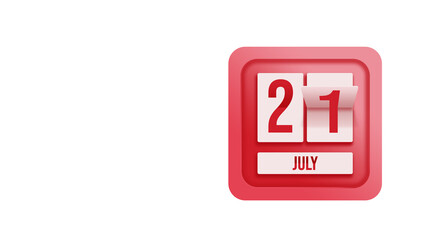 July 21st . Day 21 of month, Calendar date. Calendar in the form of a mechanical scoreboard red timetable tableau on white.   Summer month, day of the year concept.