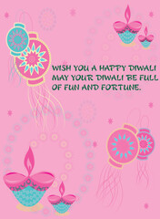 Vector illustration of magenta crayola, maximum blue green, pale spring bud, cyclamen color sky lantern and oil lamp decorated on carnation pink background. happy diwali wishes written in the card.