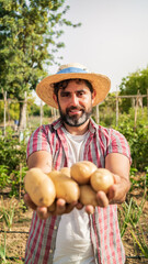 Organic vegetables. Fresh potatoes in the hands of male farmer. Cheerful man