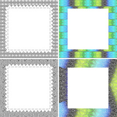 A set of curbs.Rectangular frames. Square templates for inserting photos and inscriptions. Knitted ornaments. Graphic naturalistic drawing. Stylization of three-dimensional thread graphics.