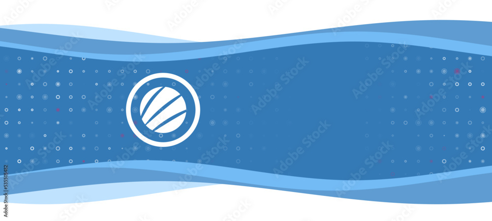 Poster blue wavy banner with a white sushi roll symbol on the left. on the background there are small white