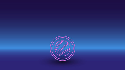 Neon sushi roll symbol on a gradient blue background. The isolated symbol is located in the bottom center. Gradient blue with light blue skyline