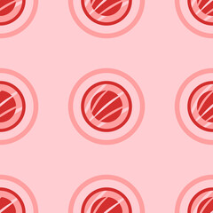 Seamless pattern of large isolated red sushi roll symbols. The elements are evenly spaced. Vector illustration on light red background