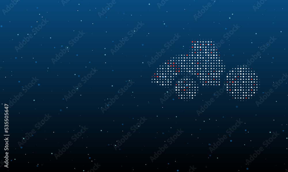 Poster On the right is the road roller symbol filled with white dots. Background pattern from dots and circles of different shades. Vector illustration on blue background with stars