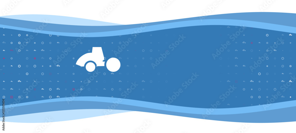 Poster blue wavy banner with a white road roller symbol on the left. on the background there are small whit