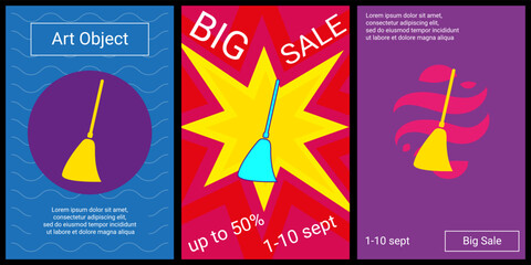 Trendy retro posters for organizing sales and other events. Large broom symbol in the center of each poster. Vector illustration on black background
