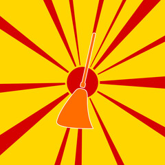 Broom symbol on a background of red flash explosion radial lines. The large orange symbol is located in the center of the sun, symbolizing the sunrise. Vector illustration on yellow background