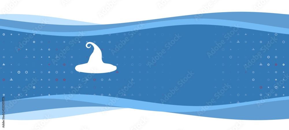 Poster blue wavy banner with a white witch hat symbol on the left. on the background there are small white 