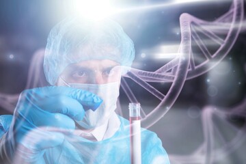 Scientists person with molecule of DNA with lab background.