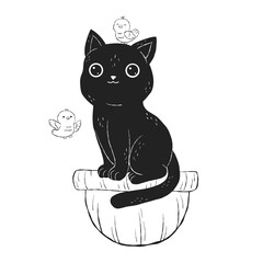 Black cat on nest with birds. Hand drawn animals. Doodle characters. Vector illustration.