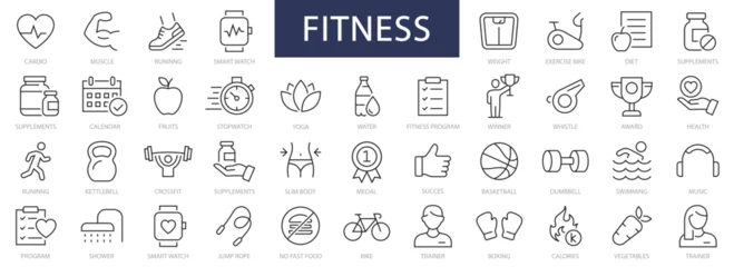 Gordijnen Fitness and Sport thin line icons set. Fitness editable stroke icon. Fitness, Sport, Gym, Cardio, Running, Diet, Yoga, Health symbol. Vector © warmworld