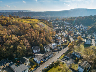Aerial view Famous German Wine Region Moselle River Lay and Guels village Autumn Fall colors