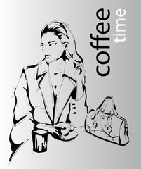 trendy girl drinking coffee and looking up