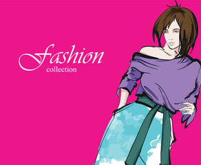 Beautiful young girl in stylish clothes. Fashion woman look. Sale concept. Hand-drawn fashion illustration. Cute girl in fashion clothes.