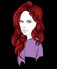 Hand-drawn face of a beautiful young woman with red hair. Fashion. Beautiful face of a woman. Girl poster. Sexy white model