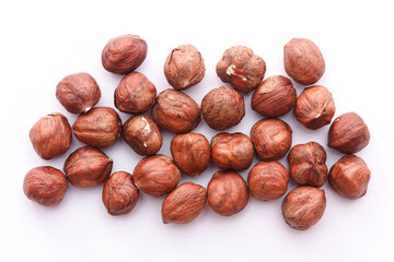 Hazelnuts isolated on white background. Top view. Flatlay