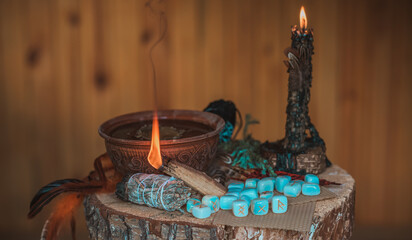 Candle burns on the altar, candles magic, clean aura and negative energy, wicca concept