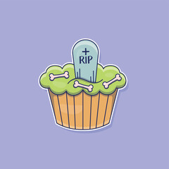 Cute cartoon cupcake with a grave vector illustration. Isolated food vector. Flat cartoon style