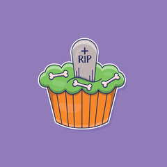 Cute cartoon cupcake with a grave vector illustration. Isolated food vector. Flat cartoon style