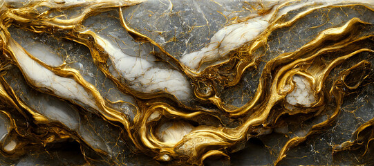 Liquid gold and white marble texture. Abstract waves. 