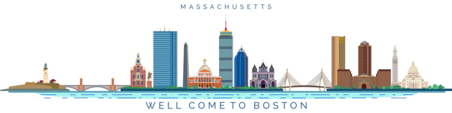 Massachusetts State City Of Boston And Architectural Landmarks Vector Illustration, American Cities And Travel Tourism.