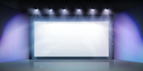 Projection screen in the cinema. Show on the stage. Free space for advertising. Graphic elements for the design. Vector illustration. - 535508454