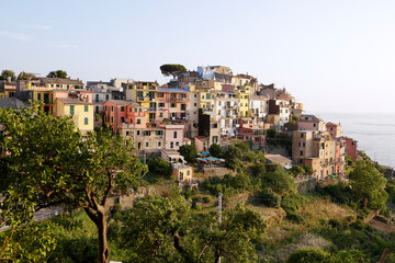 Fototapeta na wymiar Panorama of Corniglia touristic village with colorful houses in Cinque Terre National Park, Liguria, Italy, Europe