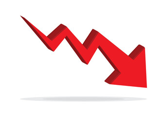 Red 3d arrow going down stock icon on white background. Bankruptcy, financial market crash icon for your web site design, logo, app, UI. graph chart downtrend symbol.chart going down sign.	