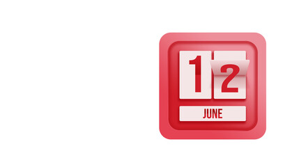 June 12nd. Day 12 of month, Calendar date. Calendar in the form of a mechanical scoreboard red timetable tableau on white.   Summer month, day of the year concept.
