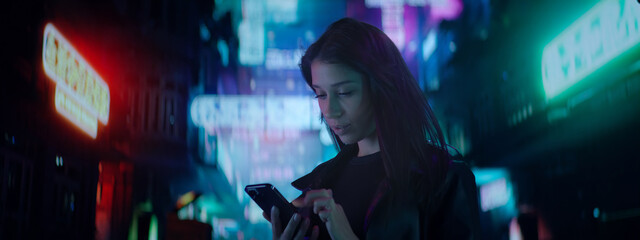 CU Night portrait of Hispanic female using her mobile phone in the street filled with neon signs....