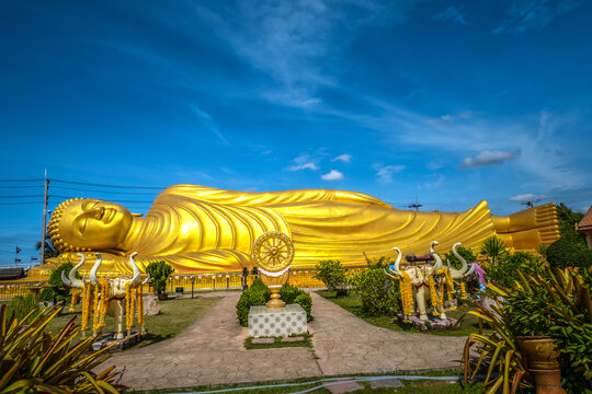 Reclining Golden Buddha at Wat Laem Pho, Koh Yo, Songkhla, Thailand.